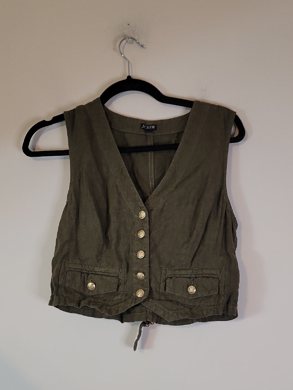 J. Crew Olive Sleeveless Button Front Vest